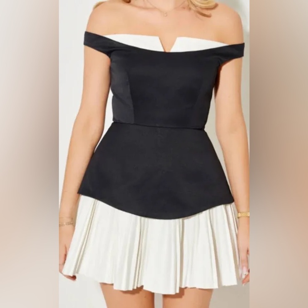 Odd Muse Black and Cream Pleated Mini Dress
